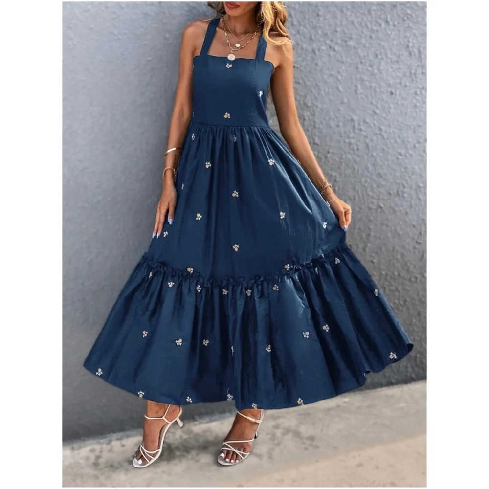 Boho Navy Blue Embroidered Floral Criss Cross Ruffle Dress - Picture 3 of 4